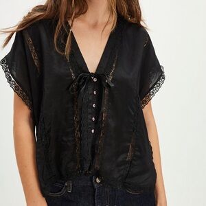 Free People Black Lace Trim V-Neck Blouse